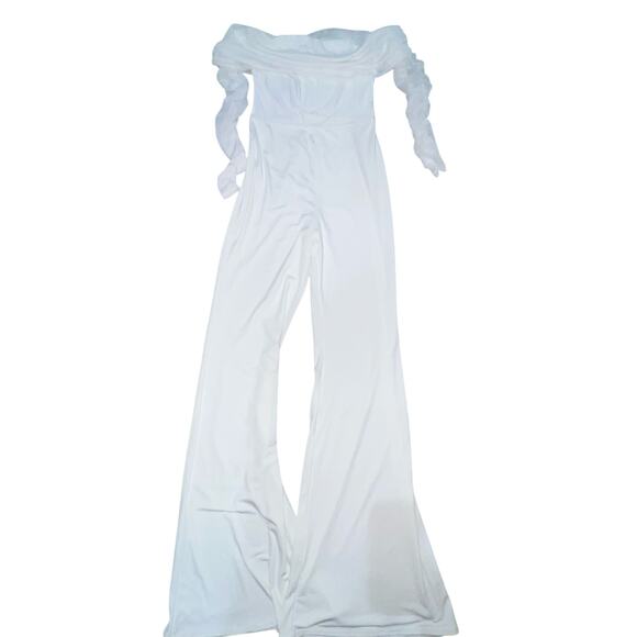 Club L London Whisper White Ruched Mesh Bardot Jumpsuit Size 8 - Picture 2 of 5